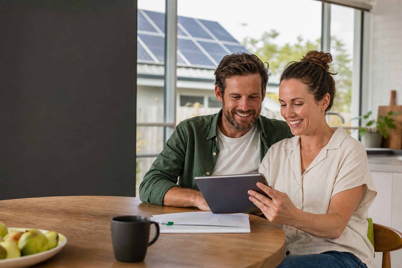 A couple comparing their home-energy options together at the kitchen table